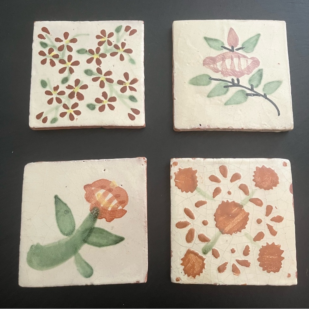 Mexican Hand Painted Terra-Cotta Talavera Vintage Tiles Set of 4